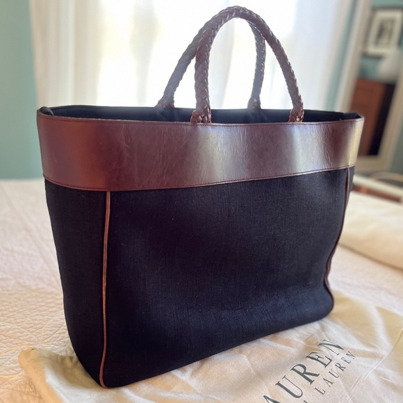 VINTAGE RALPH LAUREN LINEN LEATHER TOTE BAG - Picture 4 of 5